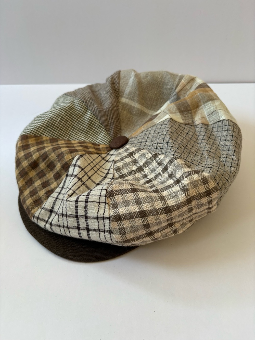 Emstate Winner Caps 8/4 Panel Linen Patchwork Hat Newsboy Brown Tan Snap Artsy